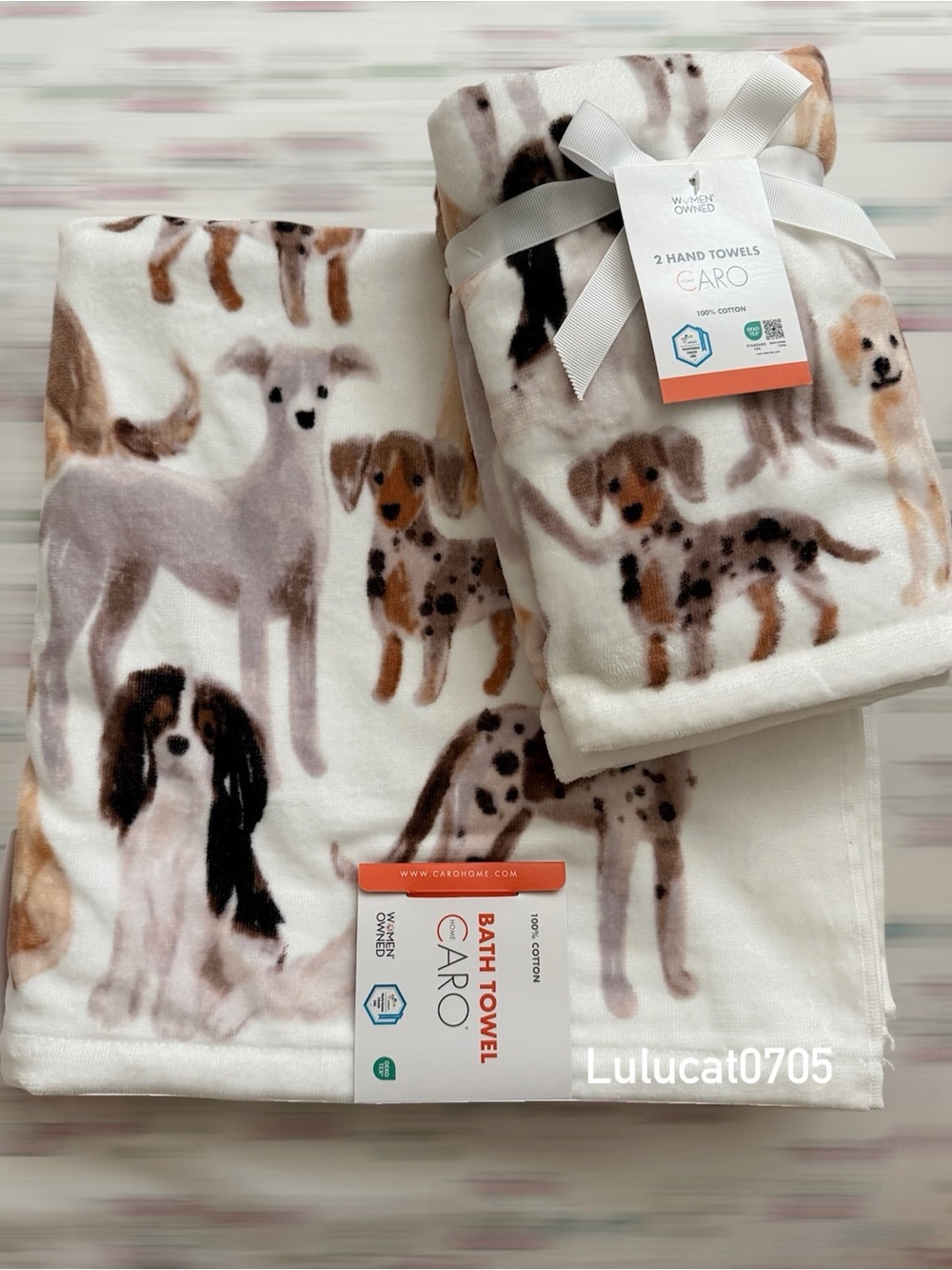 CARO Home  (1) Bath Towel 100% & (2) Hand Towels Cotton Dog Print NEW!